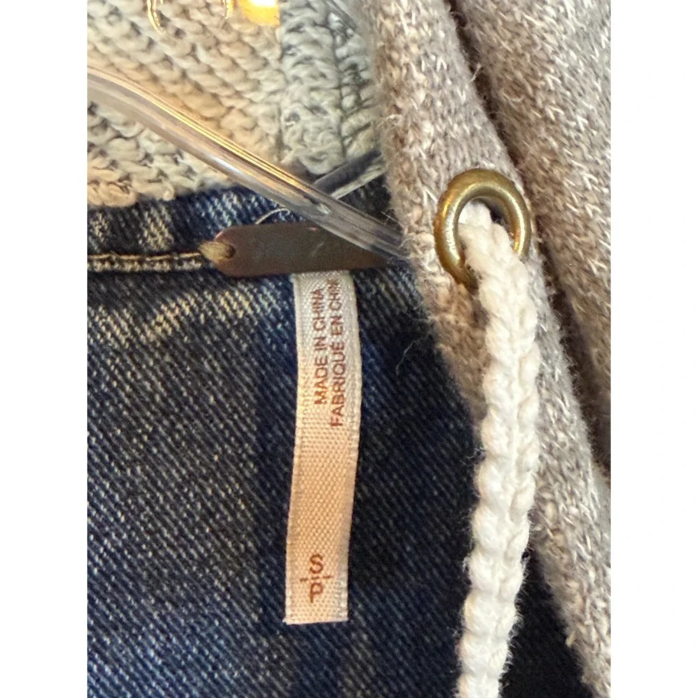 Free People Mixed Media Hooded Denim Jacket Blue Trucker Jacket •S• Boho Shacket - Picture 3 of 10